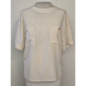 Chanel Boutique Cream Silk Blouse Gold Coin Buttons Vintage Short Sleeve Top M
